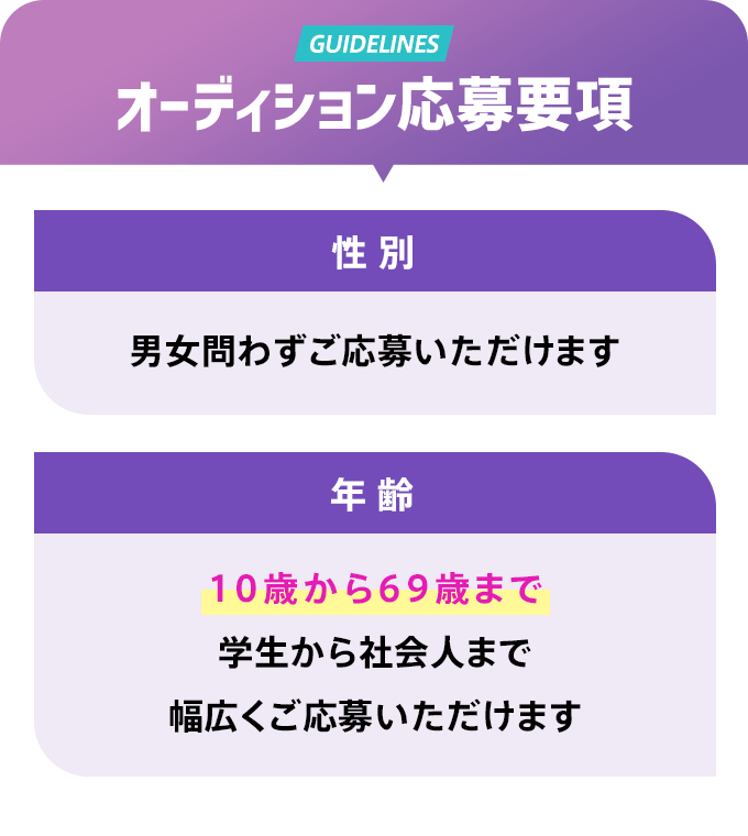 GUIDELINES オーディション応募要項 性別/男女問わずご応募いただけます 年齢/10歳から69歳まで 学生から社会人まで幅広くご応募いただけます
