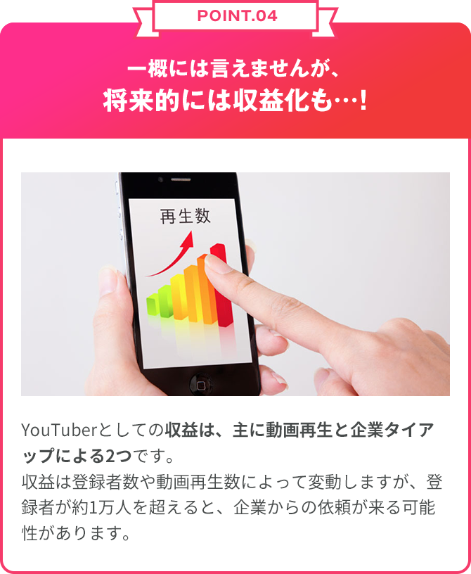 POINT.04 一概には言えませんが、将来的には収益化も…！YouTuberとしての収益は主に動画再生との企業タイアップによる2つです。登録者がおよそ１万人を超えると企業からの依頼が来る可能性があります。企業案件の場合は動画1本につき1,000万円〜2,000万円の報酬があることも…？！