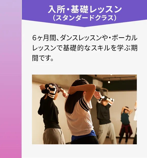 入所・基礎レッスン（スタンダードクラス）　６ヶ月間、ダンスレッスンや・ボーカルレッスンで基礎的なスキルを学ぶ期間です。