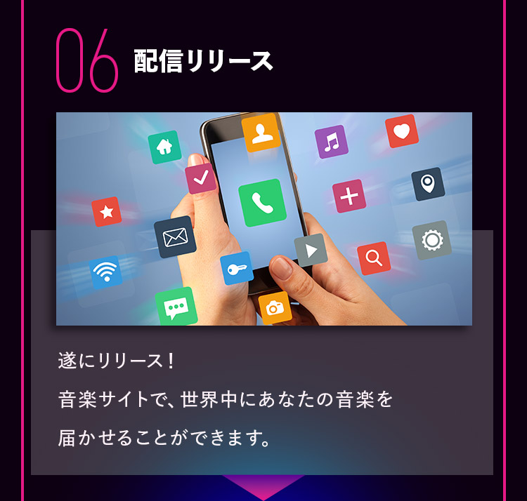 06 配信リリース 遂にリリース！音楽サイトで、世界中にあなたの音楽を届かせることができます。